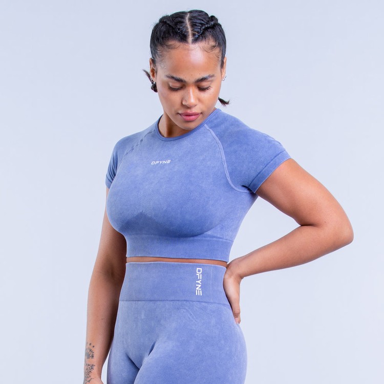 Dfyne Valkyrie Acid Wash Crop T-shirts Damen Tiefesblau | 19563NDVG