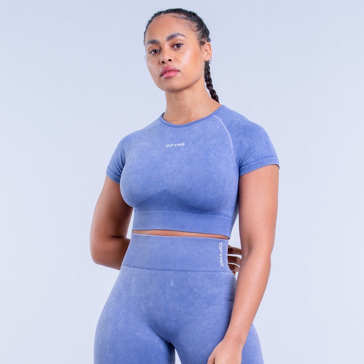 Dfyne Valkyrie Acid Wash Crop T-shirts Damen Tiefesblau | 19563NDVG