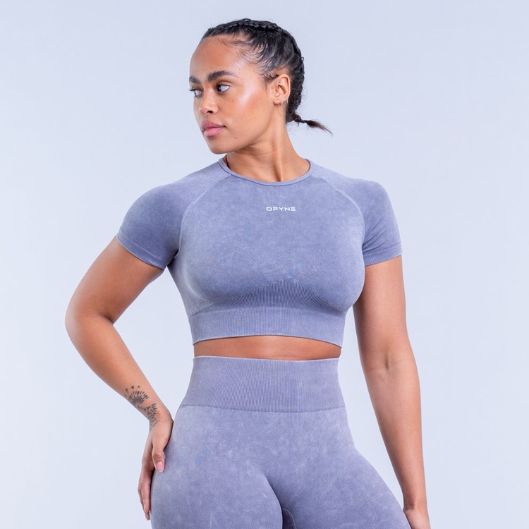 Dfyne Valkyrie Acid Wash Crop T-shirts Damen Grau Weiß | 96375OZWP