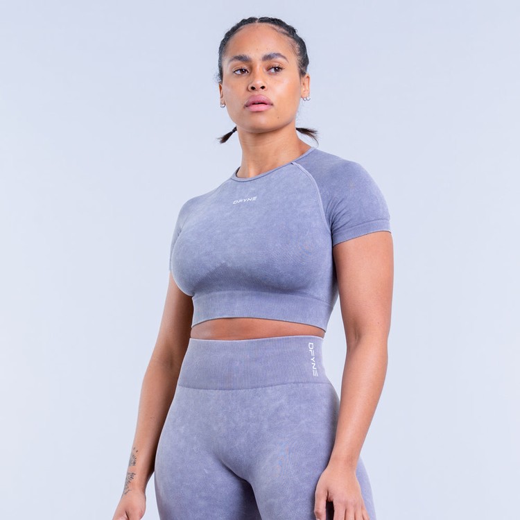 Dfyne Valkyrie Acid Wash Crop T-shirts Damen Grau Weiß | 96375OZWP
